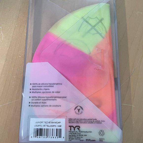 TYR Tie Dye Pink/Orange/Yellow New Silicone Swim Cap Junior Age 10+ Summertime - Picture 3 of 4